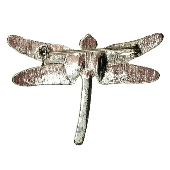 Silver Tone Dragonfly Brooch w/ Faux Pearl AB Rhinestones & Glitter Lucite Wings - Picture 4 of 5